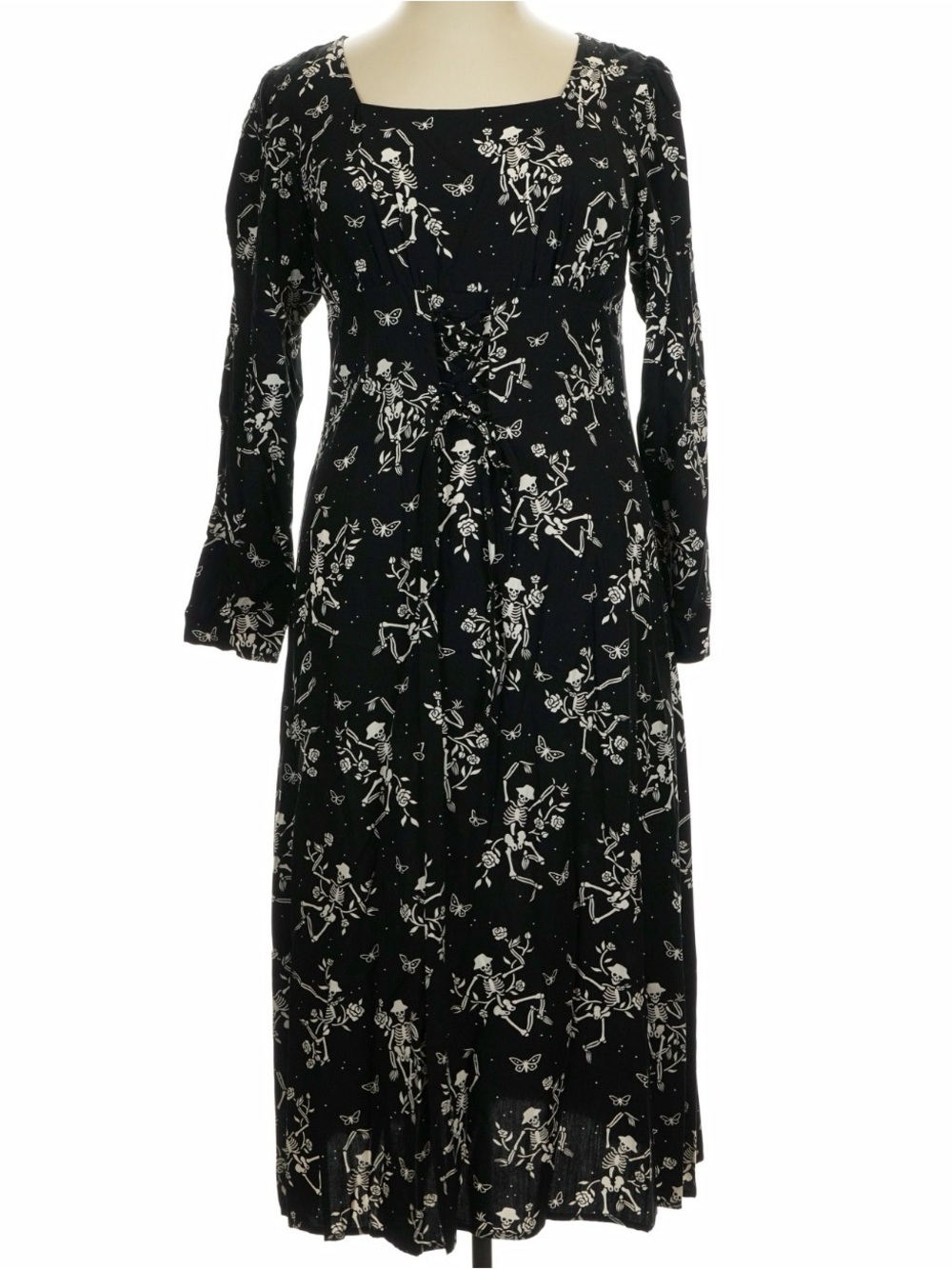 Dangerfield Black Long-Sleeve Midi Dress with White Floral Skeleton Print